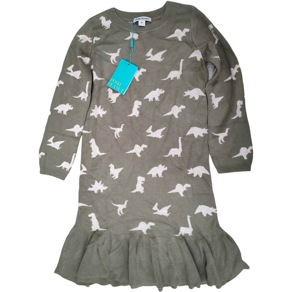 Posh Peanut Girls 8 Dinosaur Sweater Dress Long Sleeve Viscose Bamboo Green NWT‎